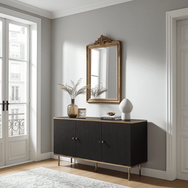 Black sideboard with decorative items in a room with a large mirror and open door.
