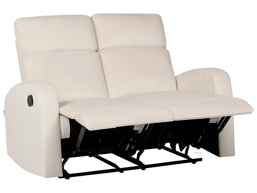 Beige recliner sofa with extended footrest on a white background