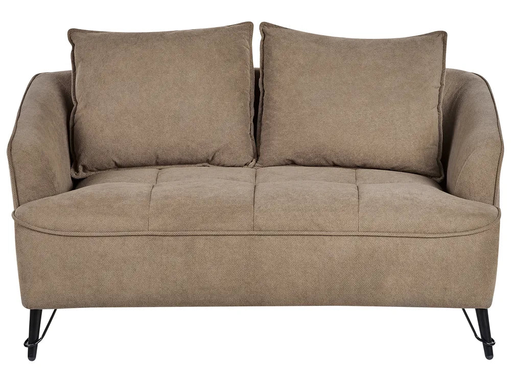 Beige sofa with two cushions on a white background