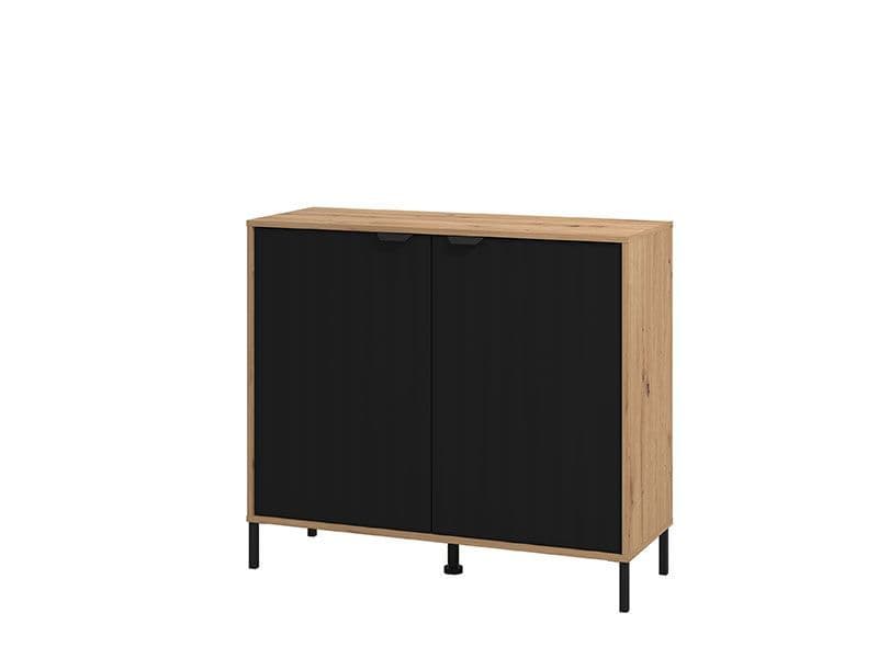 Wooden cabinet with black doors on a white background