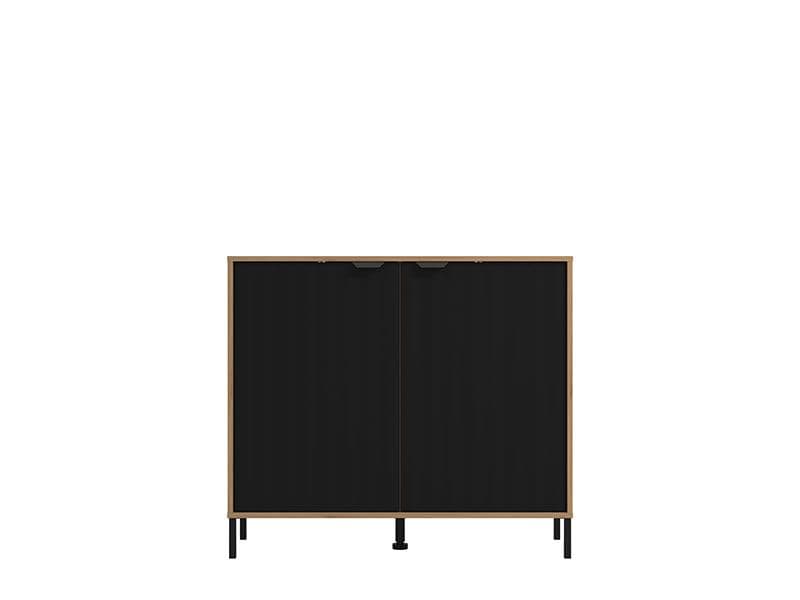 Compact oak and black sideboard with concealed storage compartments