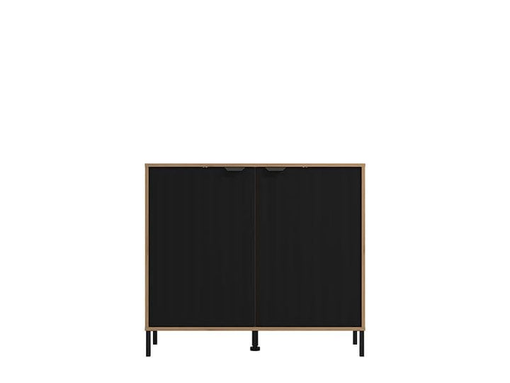 Compact oak and black sideboard with concealed storage compartments