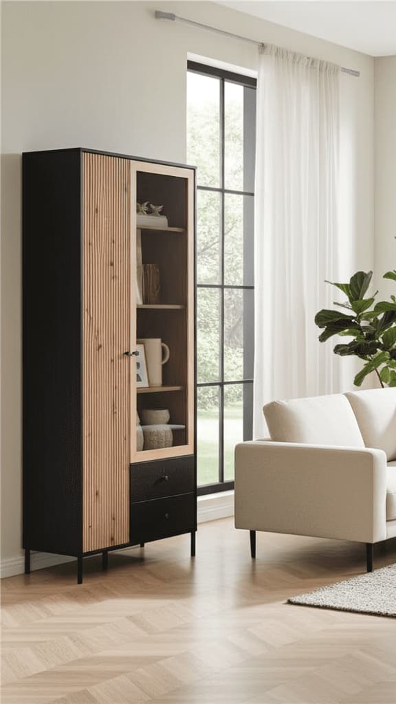 Slatted oak effect and black display cabinet with 2 doors 