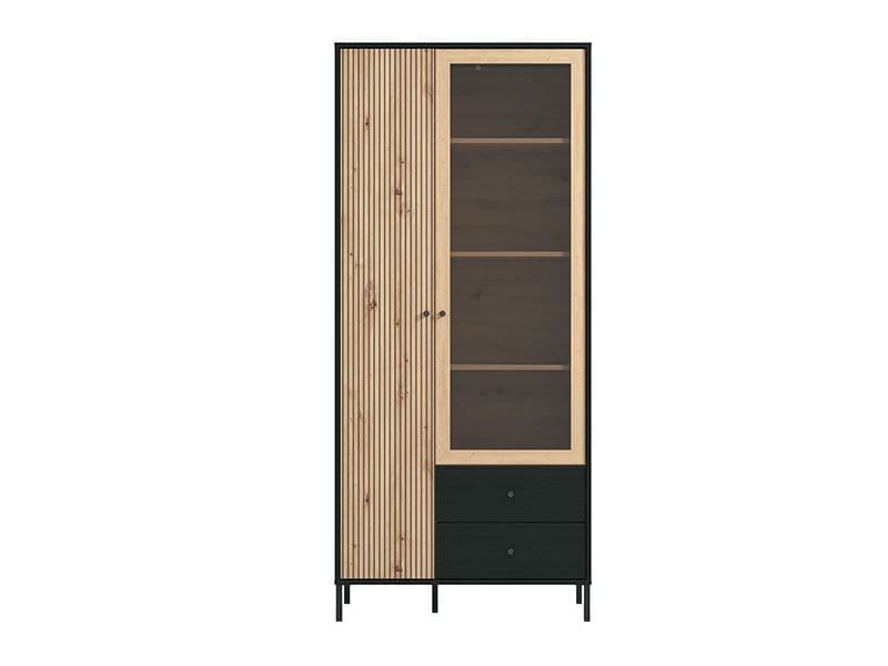 Fabian Clifton Slatted Artisan Oak Effect And Black 2 Door Display Cabinet