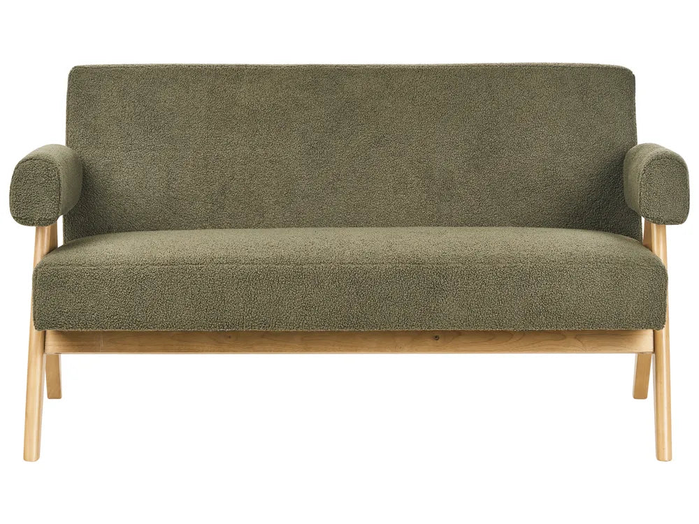Green fabric sofa with wooden frame on a white background