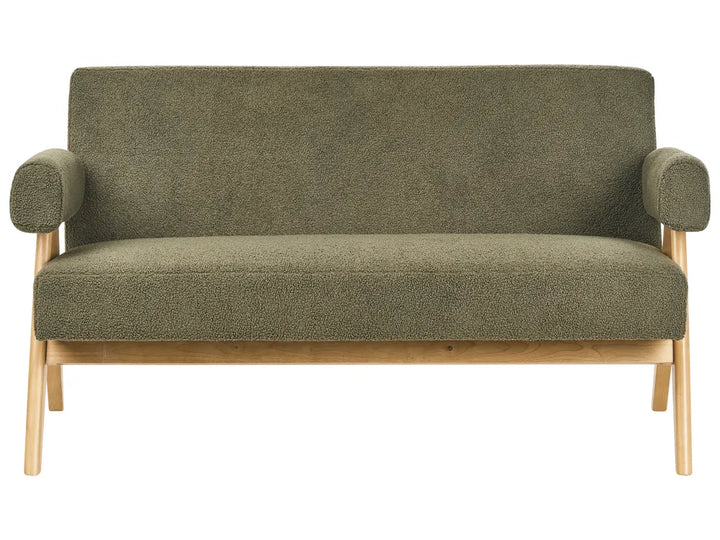 Green fabric sofa with wooden frame on a white background