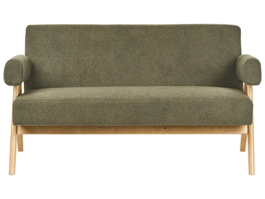 Green fabric sofa with wooden frame on a white background