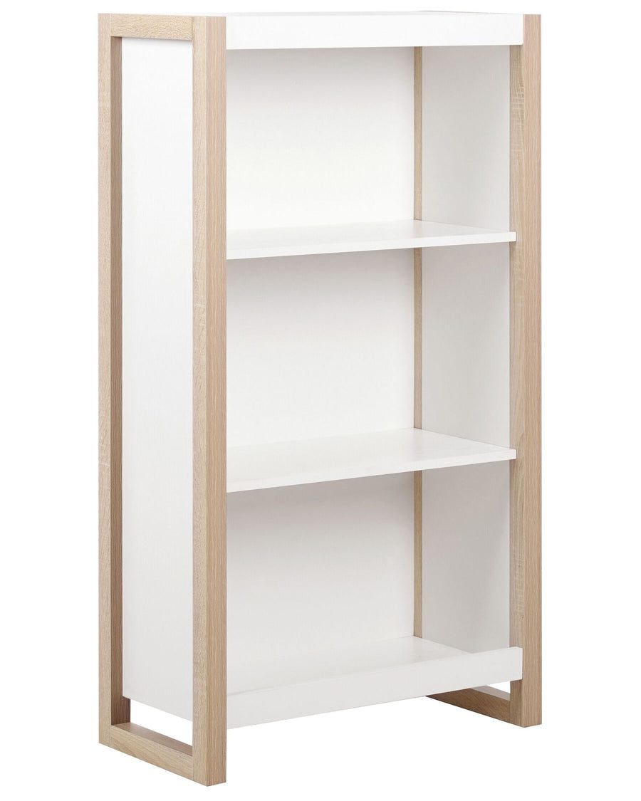 White bookshelf with wooden frame on a white background