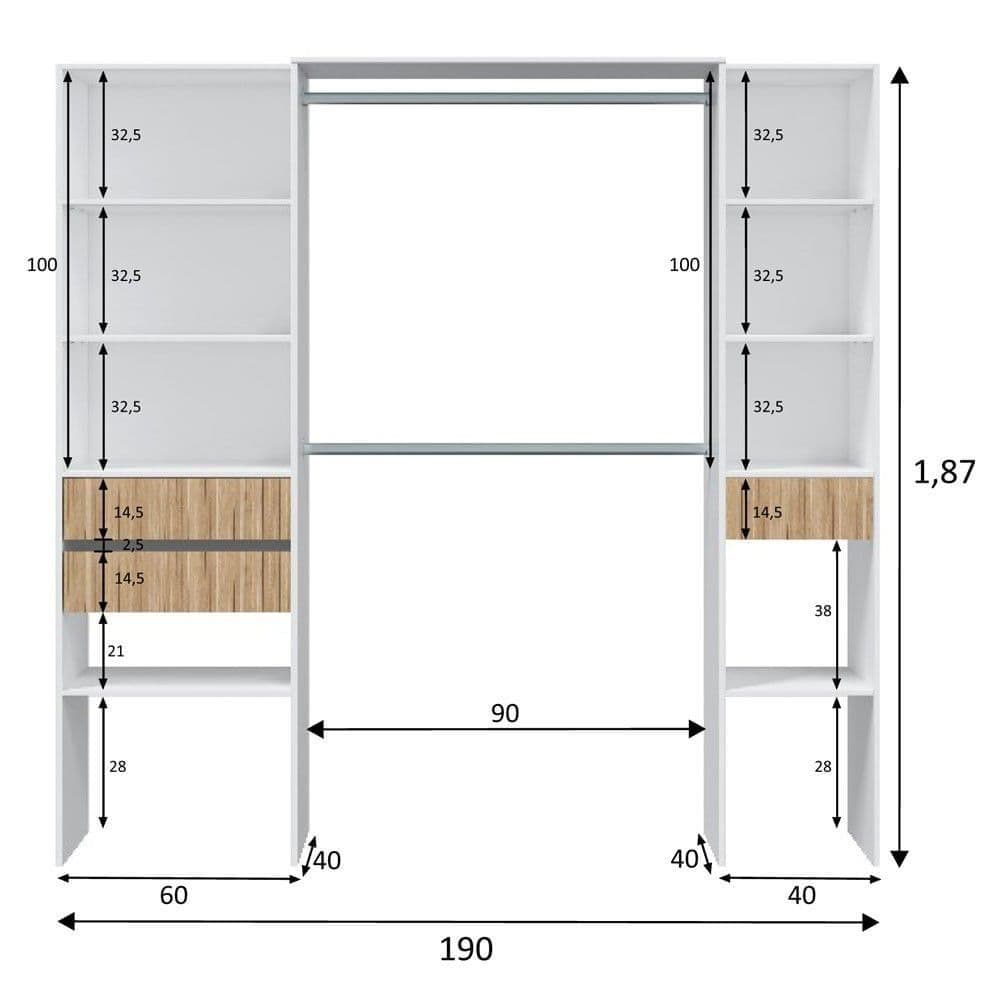 Dimensions of a wardrobe with shelves and a hanging section