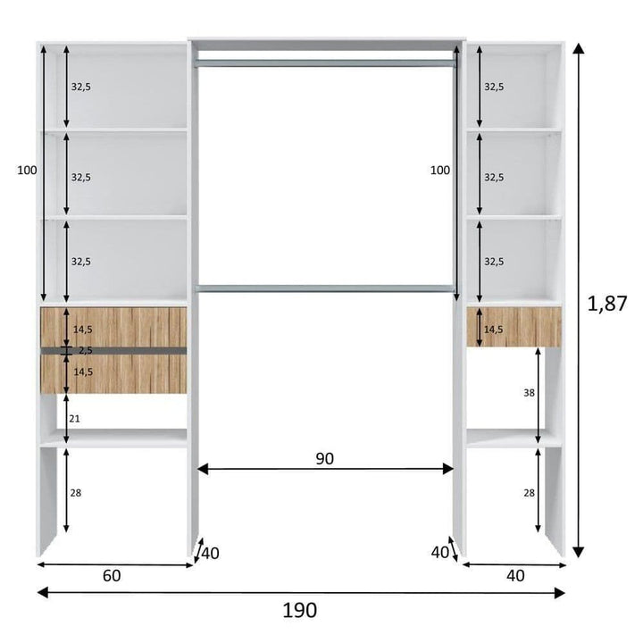 Dimensions of a wardrobe with shelves and a hanging section