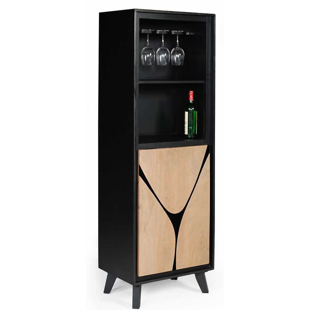 Black and wood bar cabinet with wine glasses and bottles on a white background