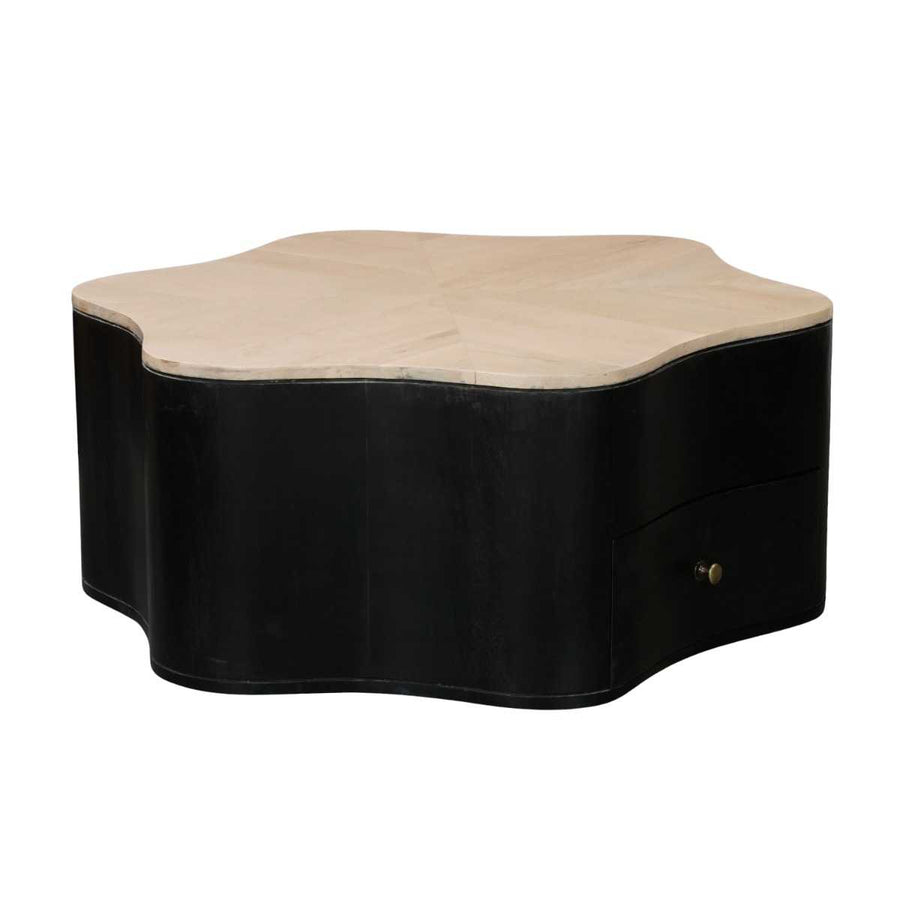 Black and beige wavy-patterned side table on a white background