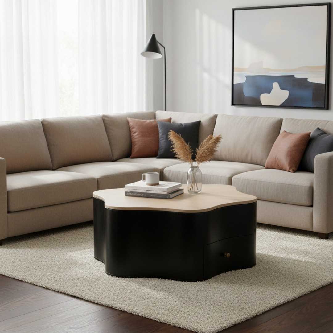 Modern living room with a beige sectional sofa, round coffee table, and abstract art on the wall.