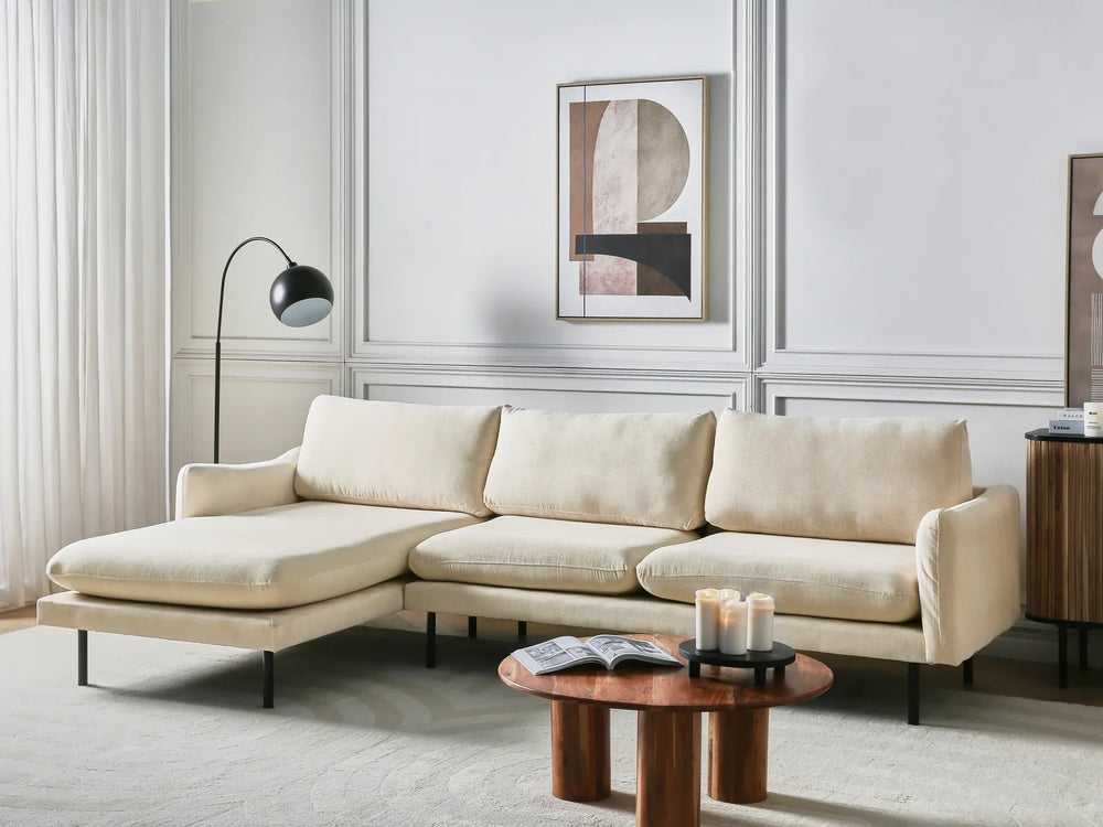 Right hand light beige corner sofa with padded cushions