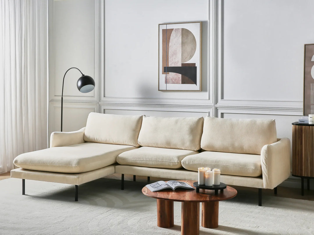 Right hand light beige corner sofa with padded cushions