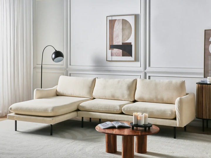 Right hand light beige corner sofa with padded cushions