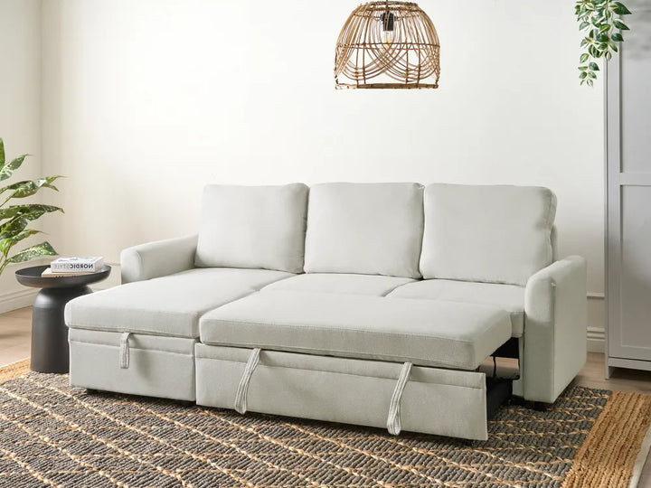 Corner Sofa Bed 3 Seater Faux Linen Light Beige Right Hand Azuri