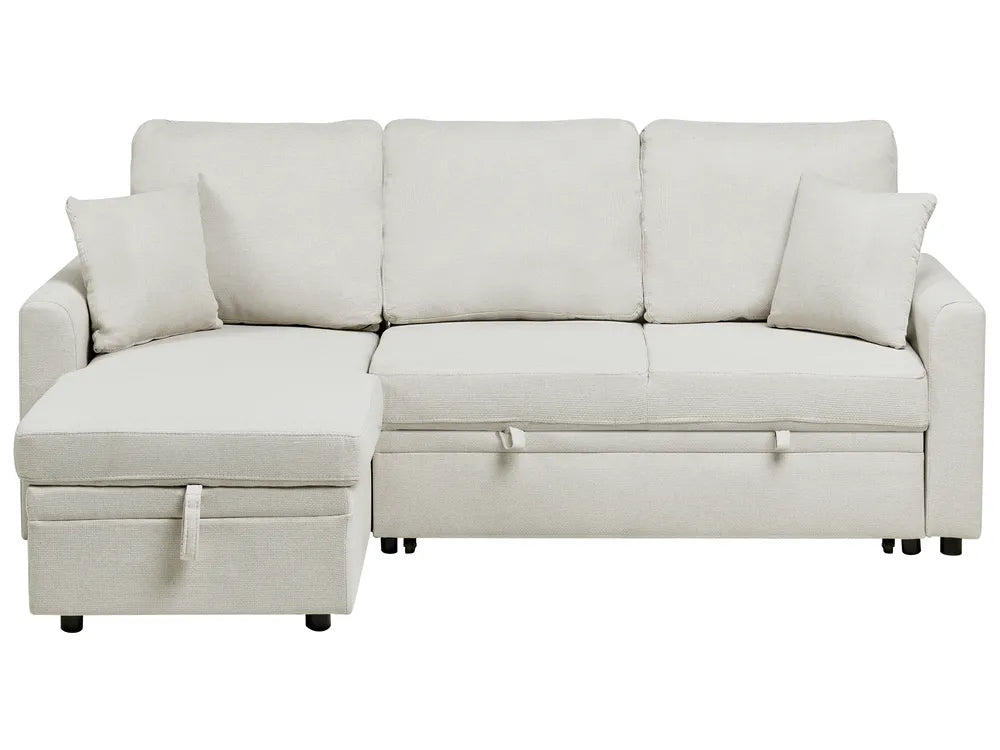 Light beige fabric corner sofa bed 3 seater right hand with storage