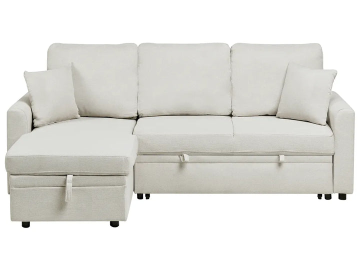 Light beige fabric corner sofa bed 3 seater right hand with storage