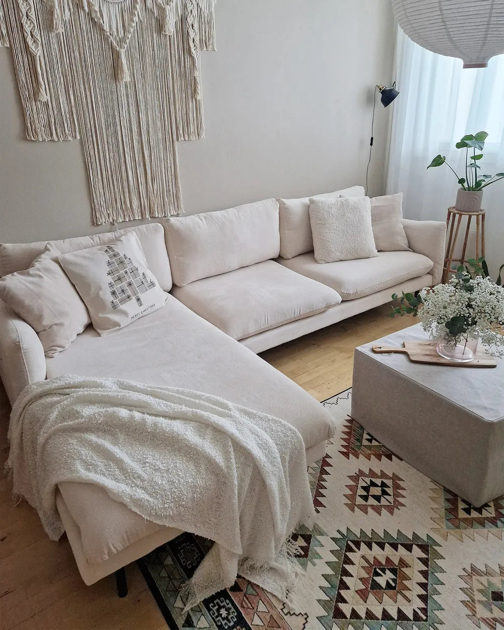 Corner Sofa 4 Seater Fabric Light Beige Right Hand Praylow