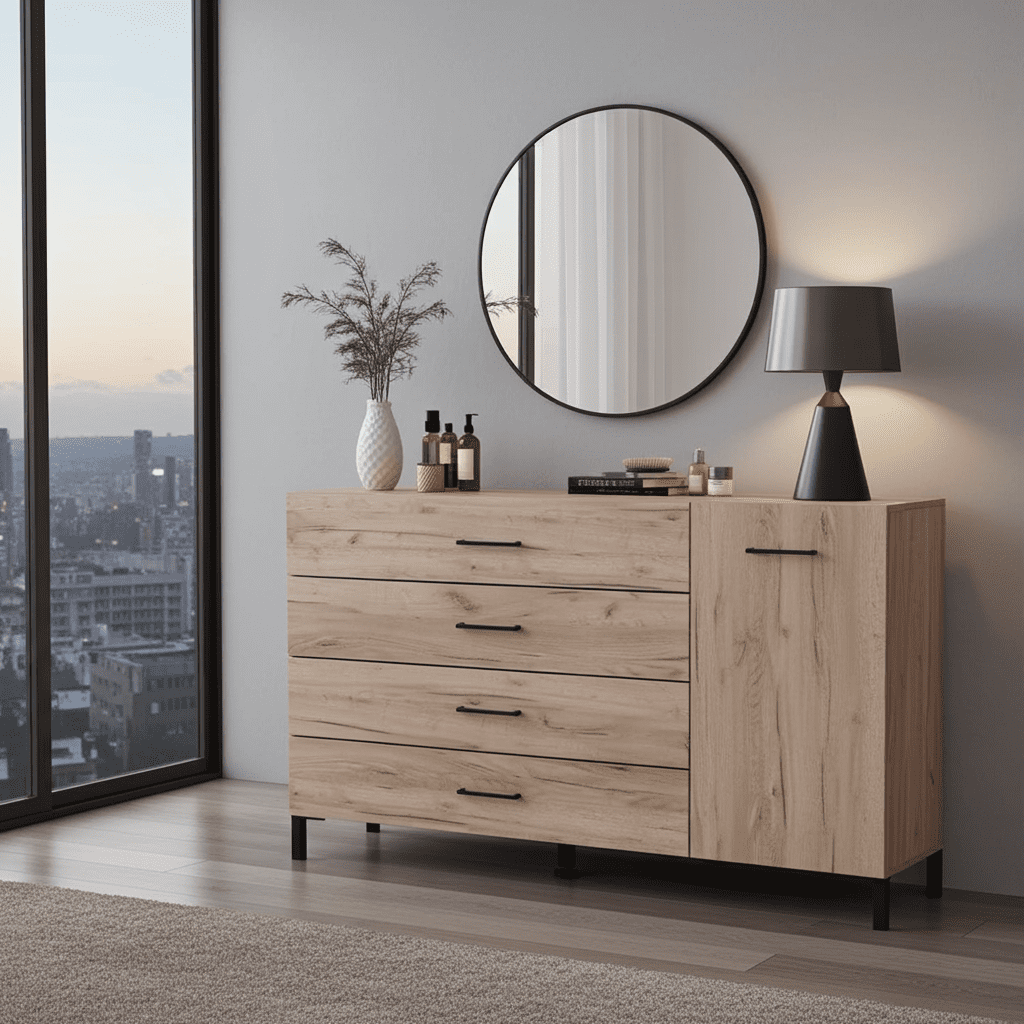 Oak effect sideboard with 1 door and 4 drawers storage unit