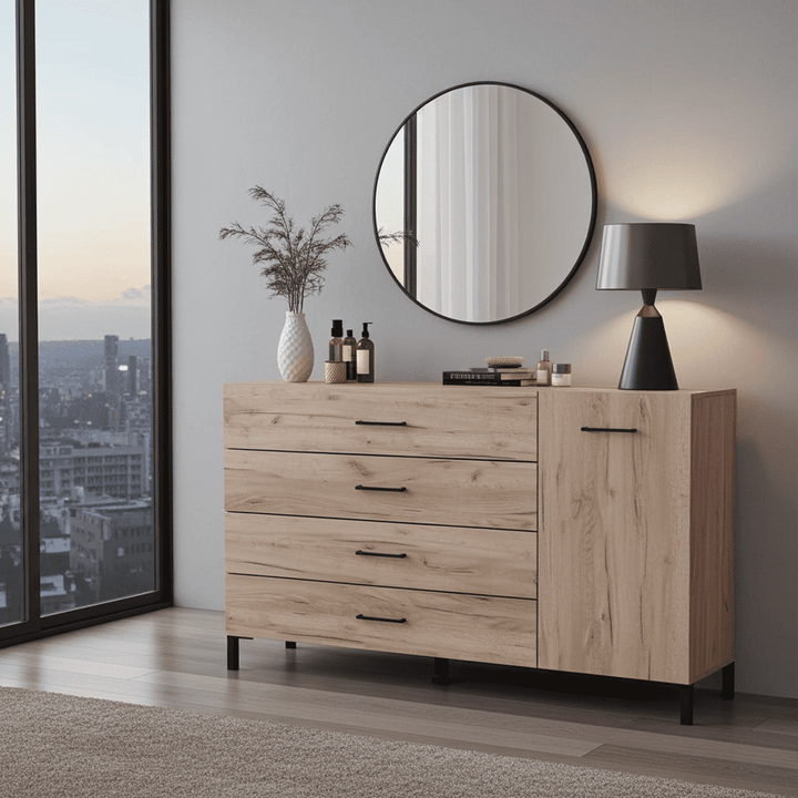 Oak effect sideboard with 1 door and 4 drawers storage unit