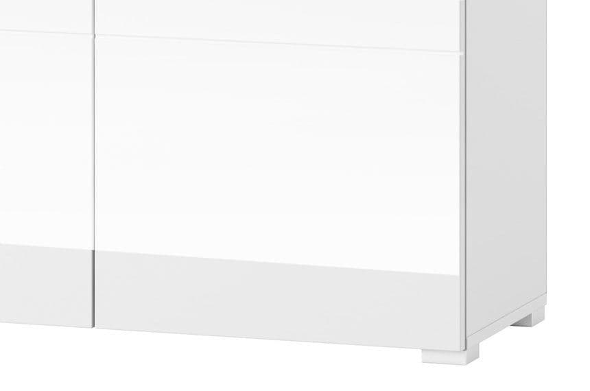 White cabinet with a focus on the base and side panels.