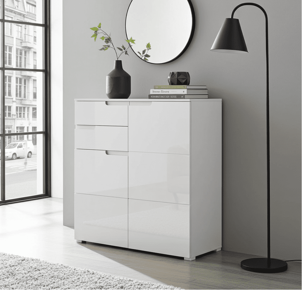 White dresser with decorative items in a modern room with large windows.