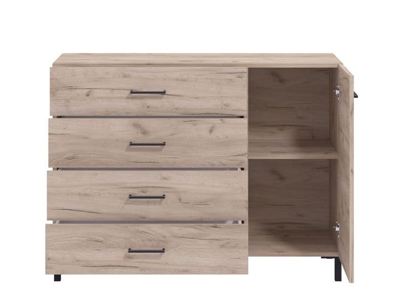 Wooden dresser with four drawers and an open cabinet door on a white background