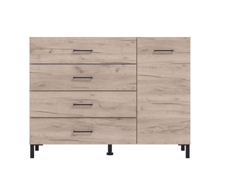 Wooden dresser with four drawers on a white background