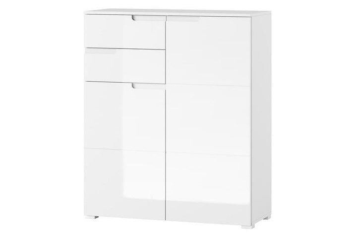 White cabinet with a door and two drawers on a white background