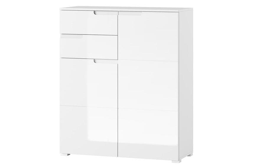 White cabinet with a door and two drawers on a white background