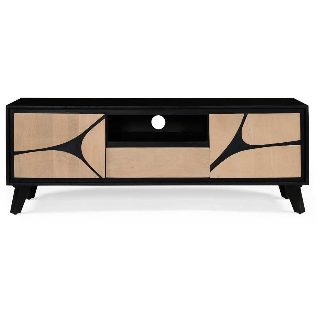 Modern TV stand with black frame and wooden panels on a white background