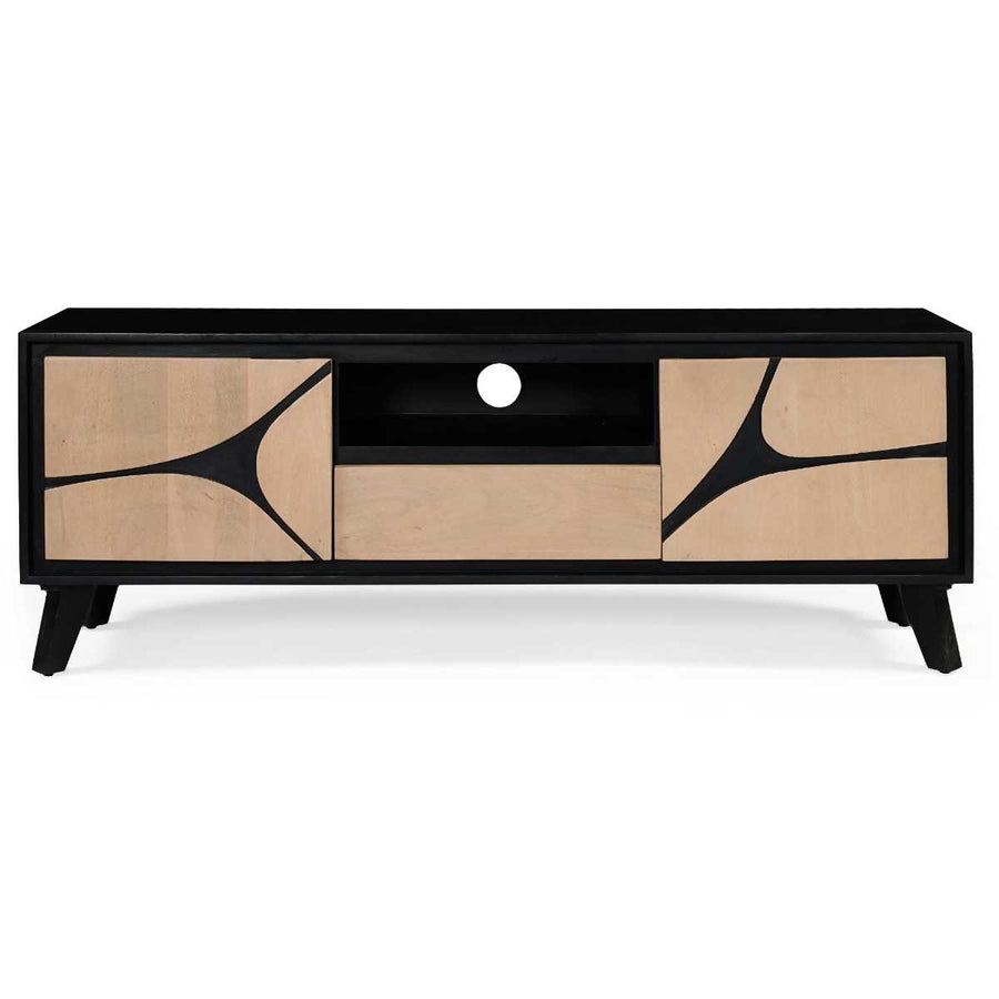 Modern TV stand with black frame and wooden panels on a white background