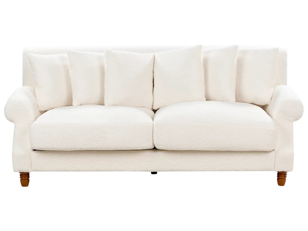Off-white boucle 2-seater sofa with rolled arms and wooden legs