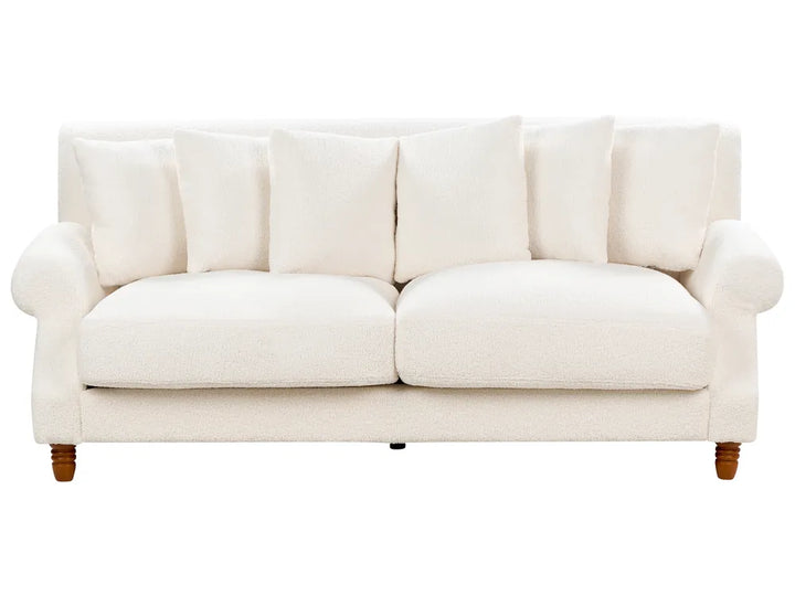 Off-white boucle 2-seater sofa with rolled arms and wooden legs