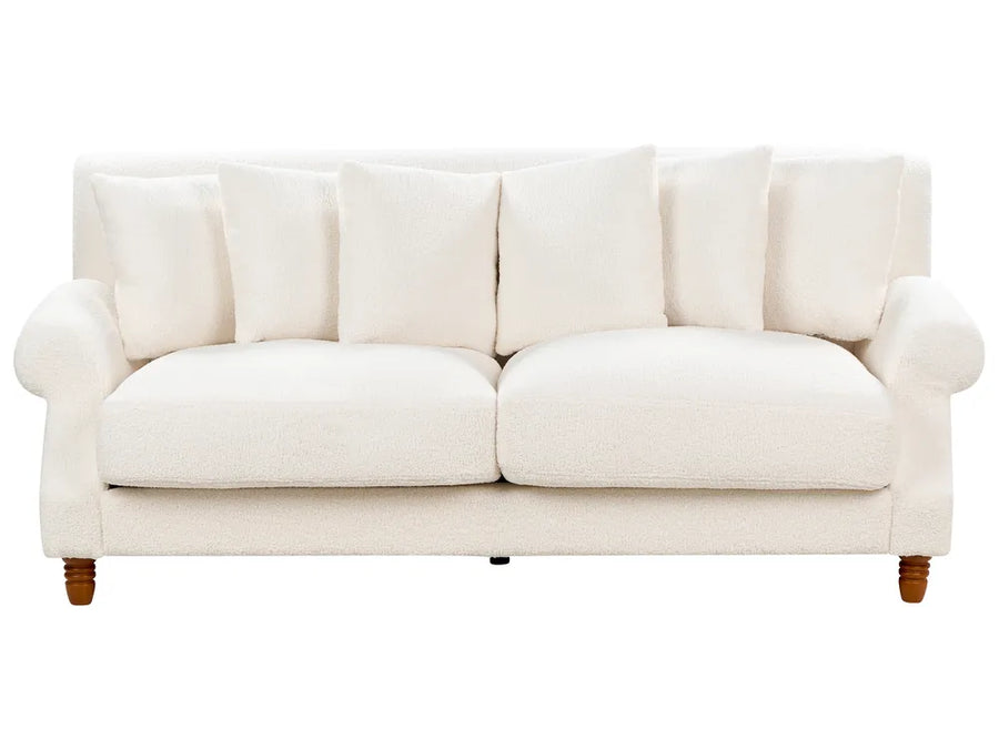 Off-white boucle 2-seater sofa with rolled arms and wooden legs