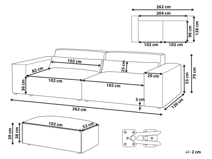 Modular Sofa 2 Seater Fabric Grey with Ottoman Bouke