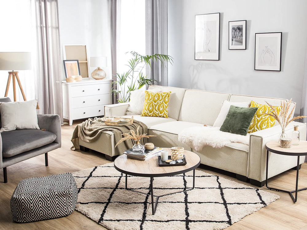 Right hand beige fabric corner sofa bed modern design