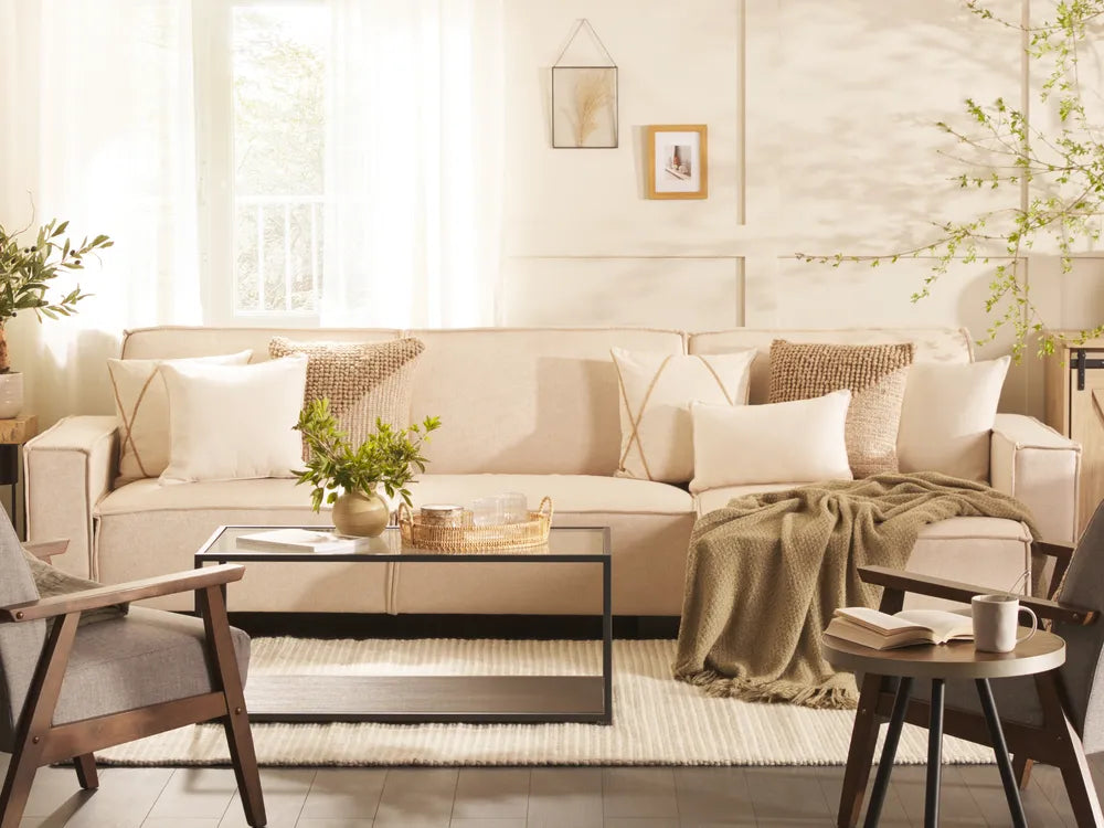 Corner Sofa Bed 3 Seater Fabric Beige Right Hand Loette