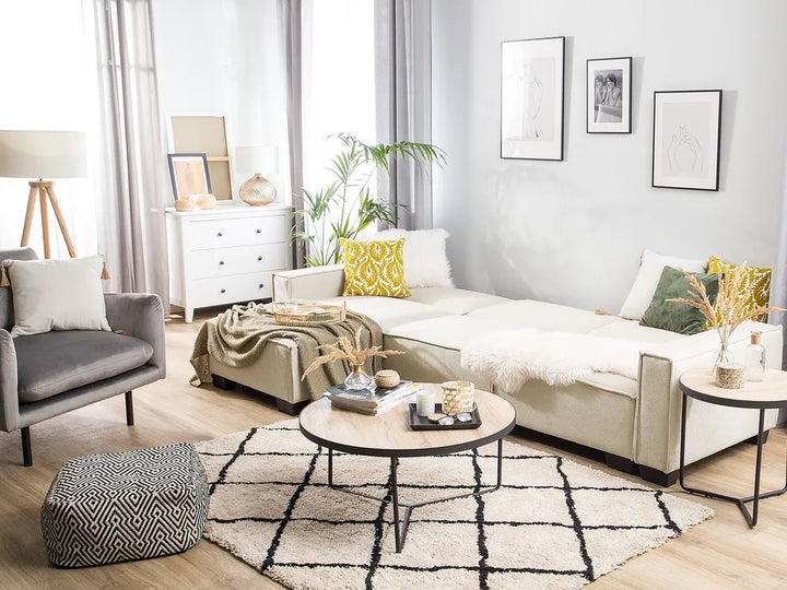 Corner Sofa Bed 3 Seater Fabric Beige Right Hand Loette