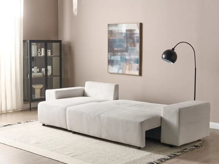 Corner Sofa Bed 3 Seater Corduroy Light Beige with Storage Right Hand Deantrei