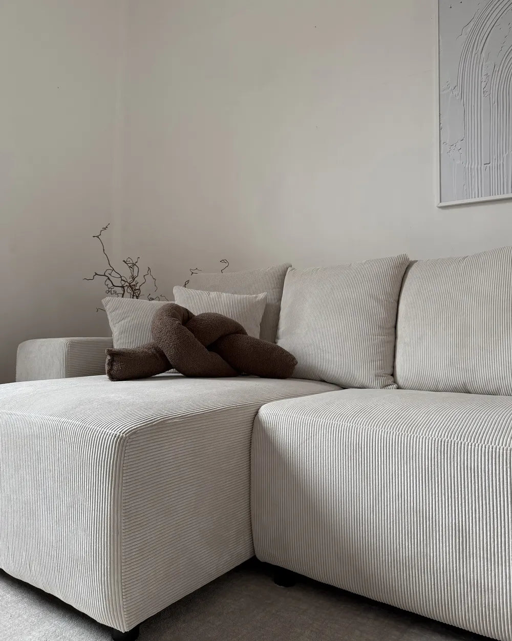 Corner Sofa Bed 3 Seater Corduroy Light Beige with Storage Right Hand Deantrei