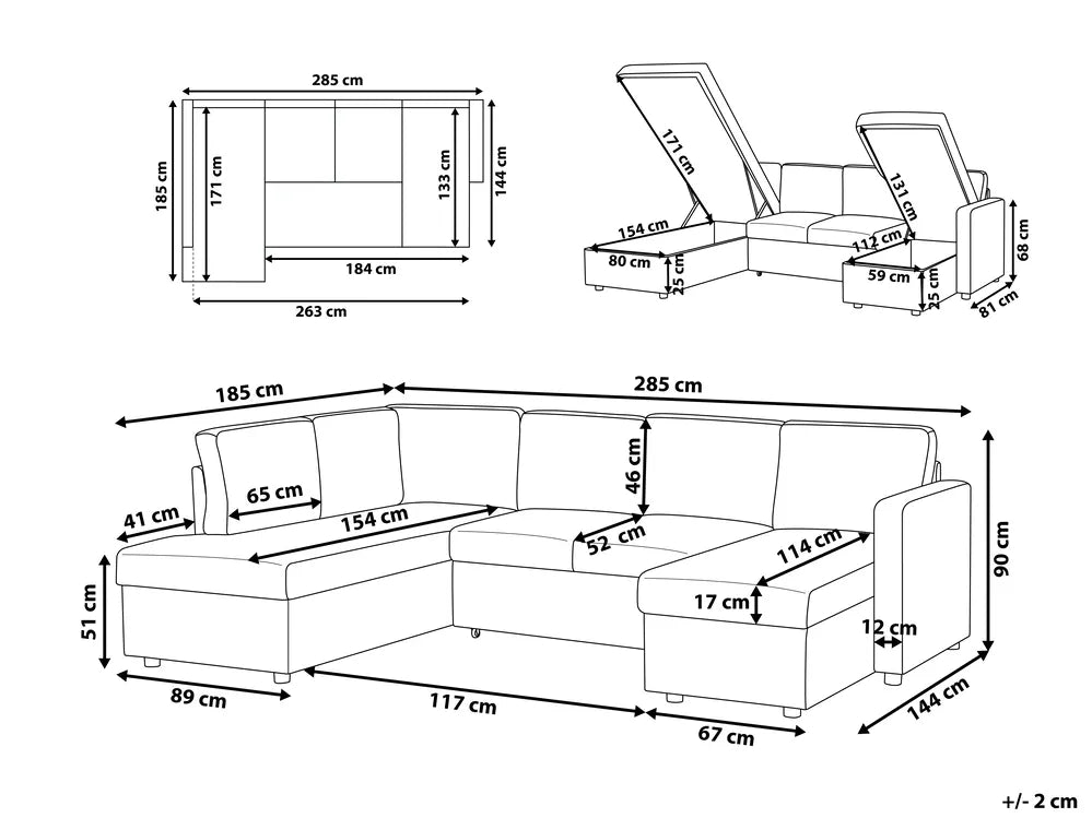 U-Shape Sofa Bed 5 Seater Fabric Dark Grey with Storage Kellems