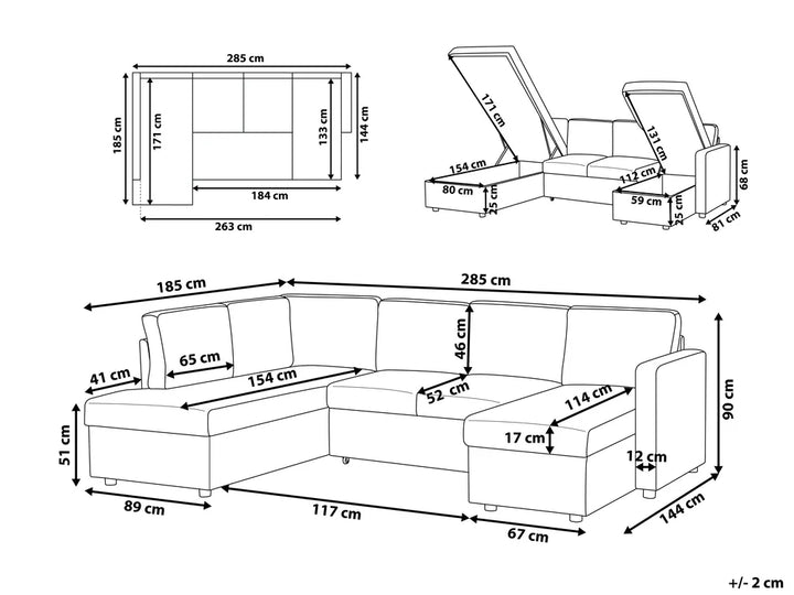 U-Shape Sofa Bed 5 Seater Fabric Dark Grey with Storage Kellems