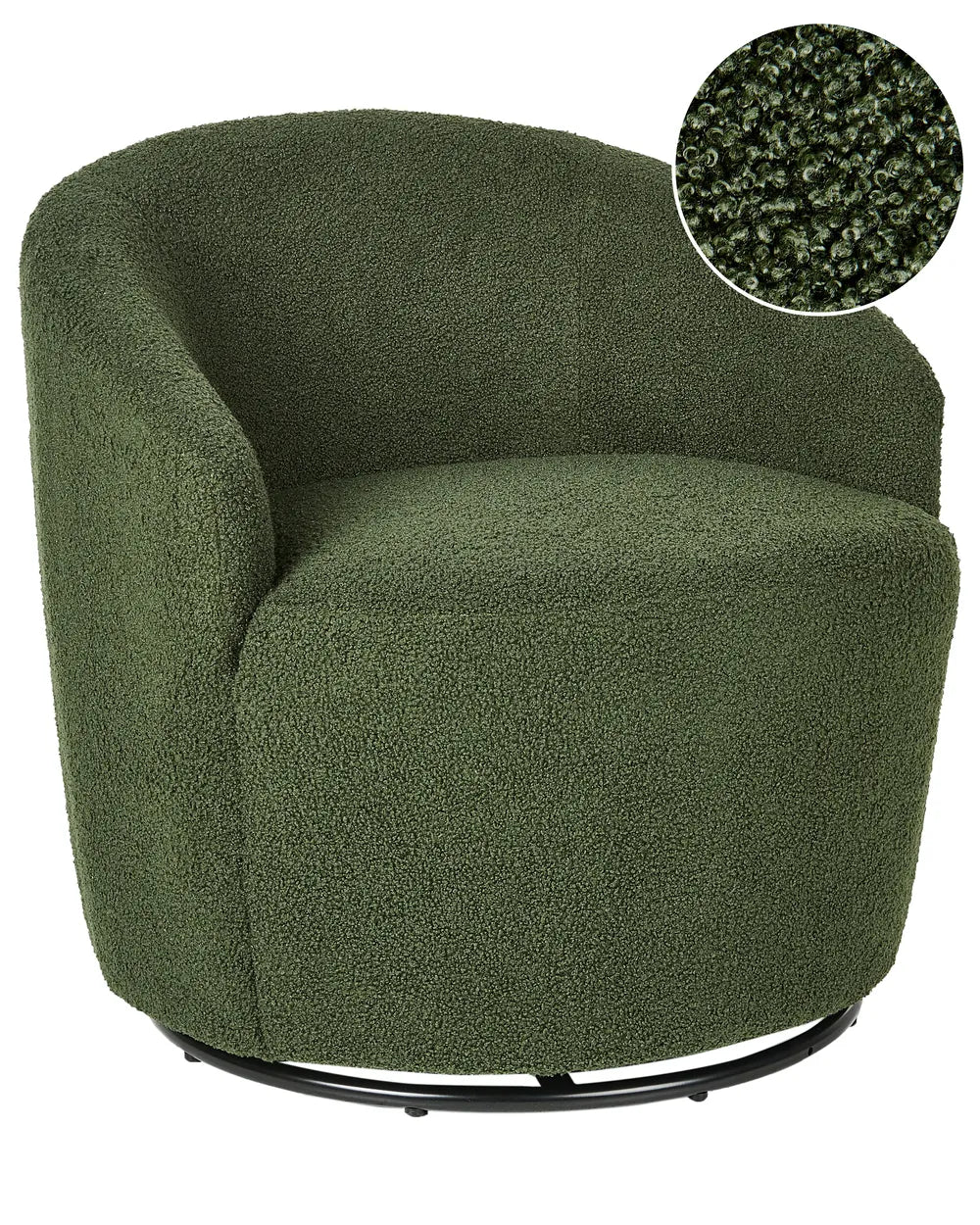 Green textured armchair with close-up of fabric texture on a white background
