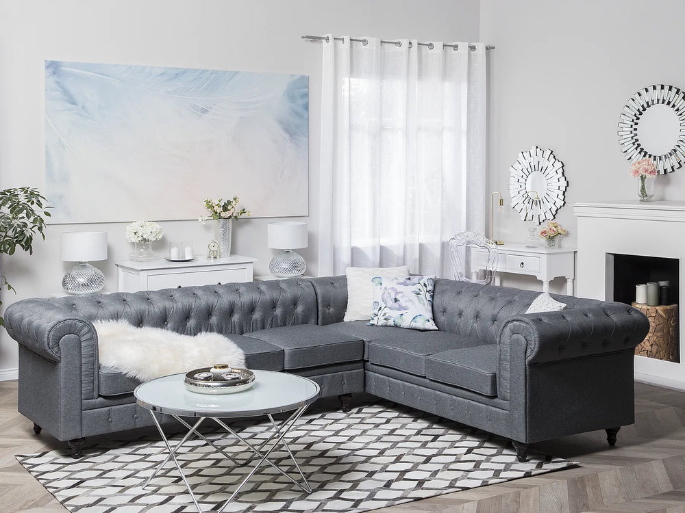 Left hand grey fabric corner sofa Chesterfield style