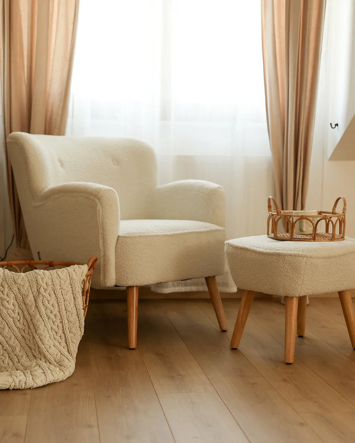 Armchair with Footstool Boucle White Tybias