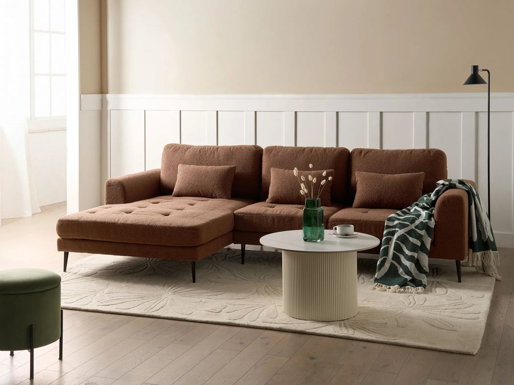 Brown bouclé corner sofa, right-hand layout