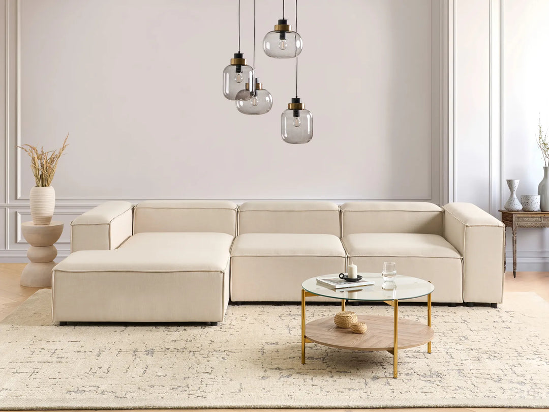 Right-hand 4-seater modular corner sofa in beige fabric